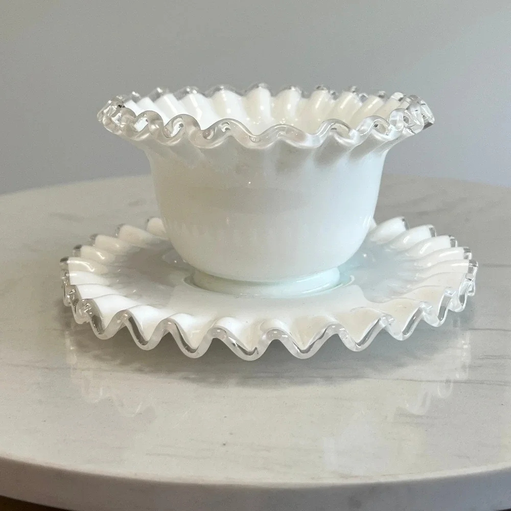 Fenton Silver Crest Bowl Ruffled Edge Mayonnaise‎ Bowl Underplate Milk Glass Vtg